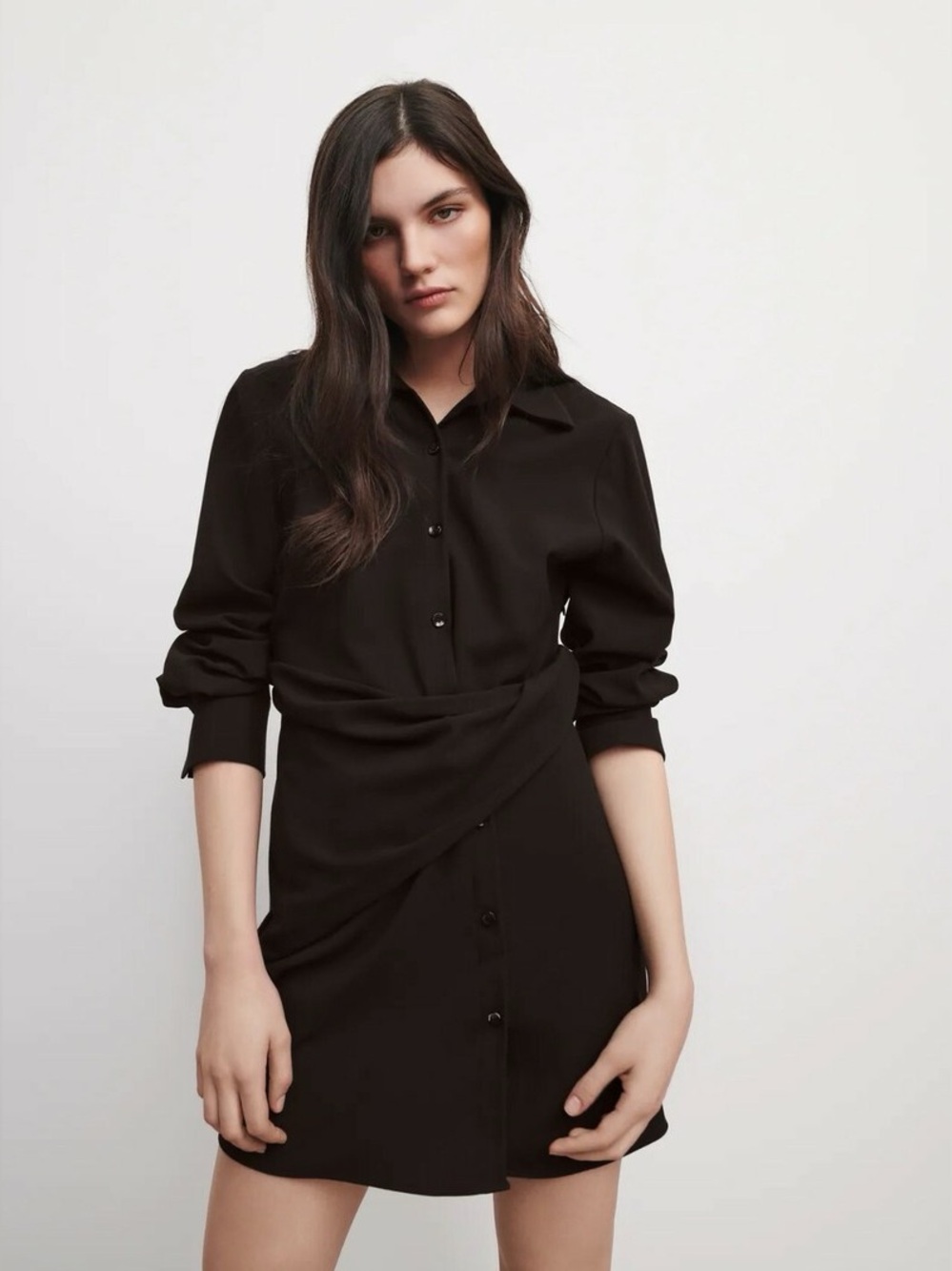 Zara Brown Draped Short Shirt Dress Longsleeve